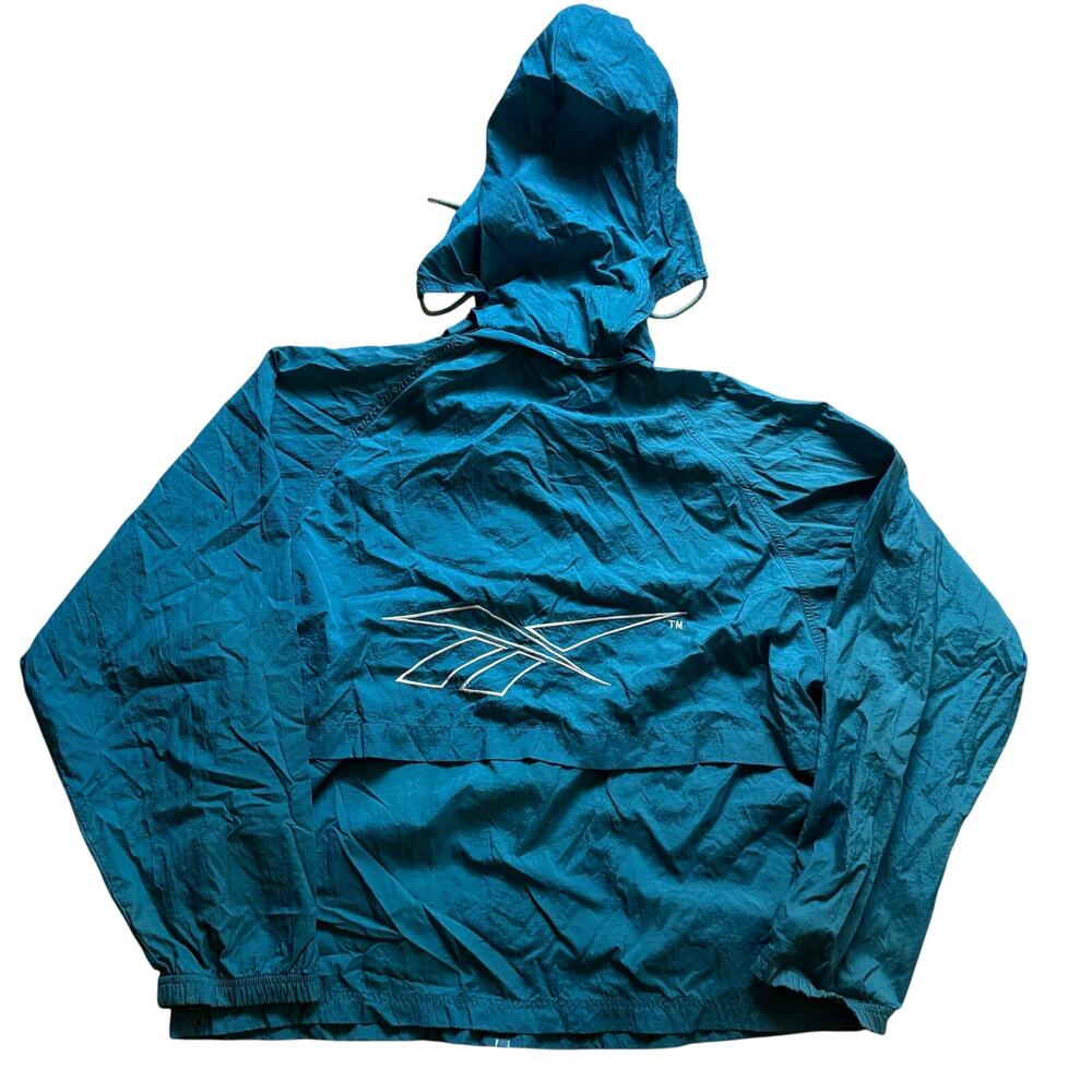 Reebok Teal Blue Full Zip Nylon Windbreaker Jacket Big Logo Back‎ 90's Vintage
